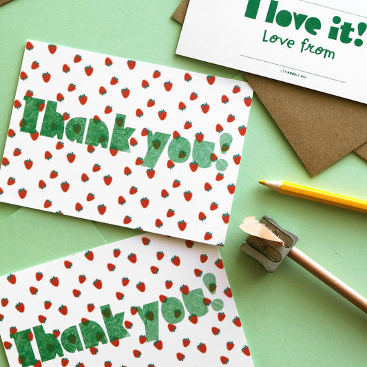 Fill in the gaps, set of 10 Strawberry thank you cards for kids with envelopes