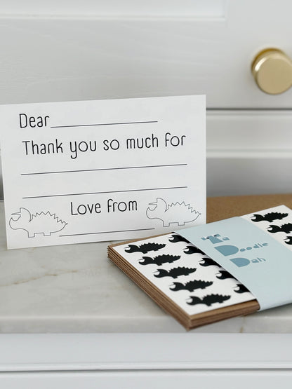 Fill in the gaps, colouring, set of 10 Dinosaur thank you cards for kids with envelopes