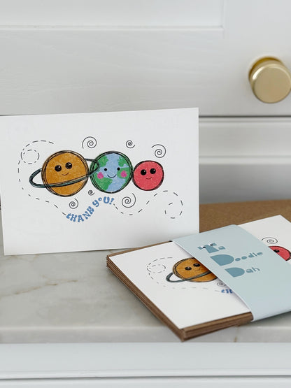 Fill in the gaps, colouring, set of 10 Space thank you cards for kids with envelopes