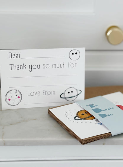 Fill in the gaps, colouring, set of 10 Space thank you cards for kids with envelopes