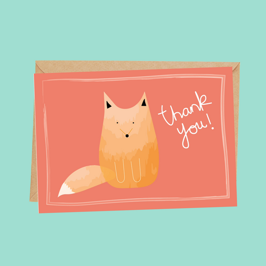 Fill in the gaps, colouring, set of 10 Fox thank you cards for kids with envelopes