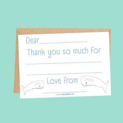 Fill in the gaps, colouring, set of 10 Whale thank you cards for kids with envelopes