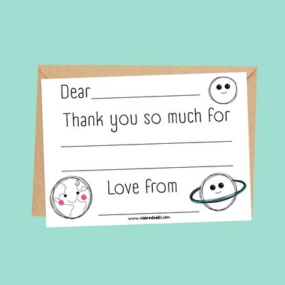 Fill in the gaps, colouring, set of 10 Space thank you cards for kids with envelopes