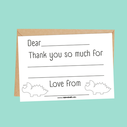 Fill in the gaps, colouring, set of 10 Dinosaur thank you cards for kids with envelopes