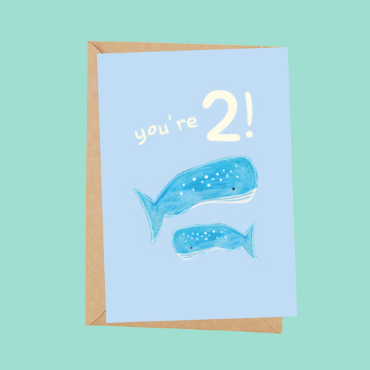 Age 2 Whale birthday card for kids - single card