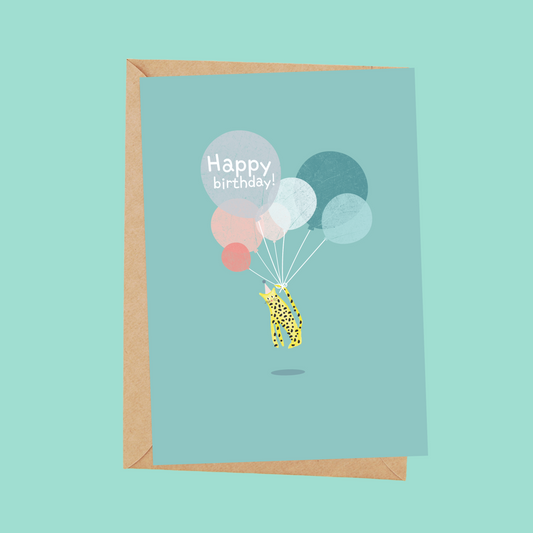 Leopard with balloons birthday card for kids - single card