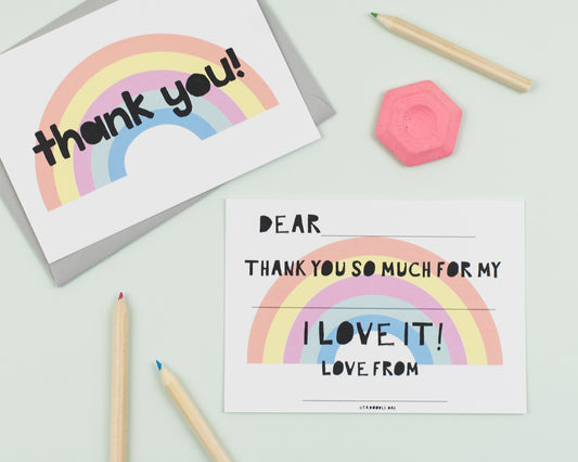 Rainbow thank you cards with writing frame for kids