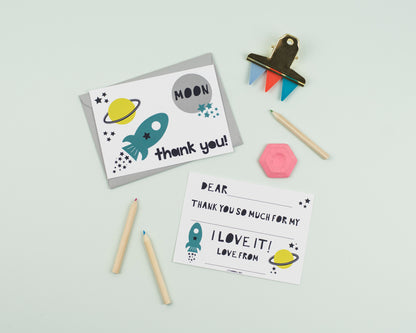 Rockets thank you cards with writing frame for kids