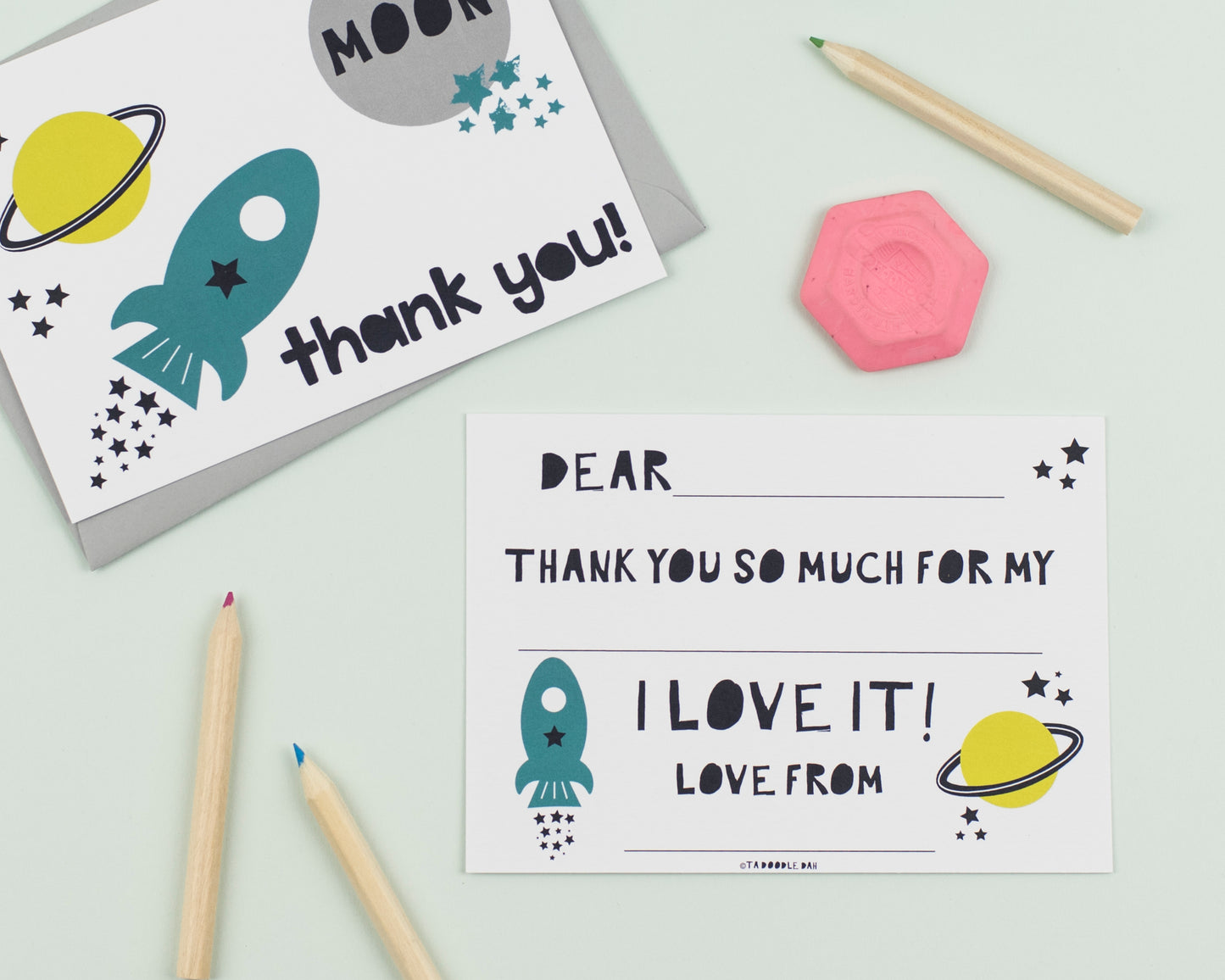 Rockets thank you cards with writing frame for kids