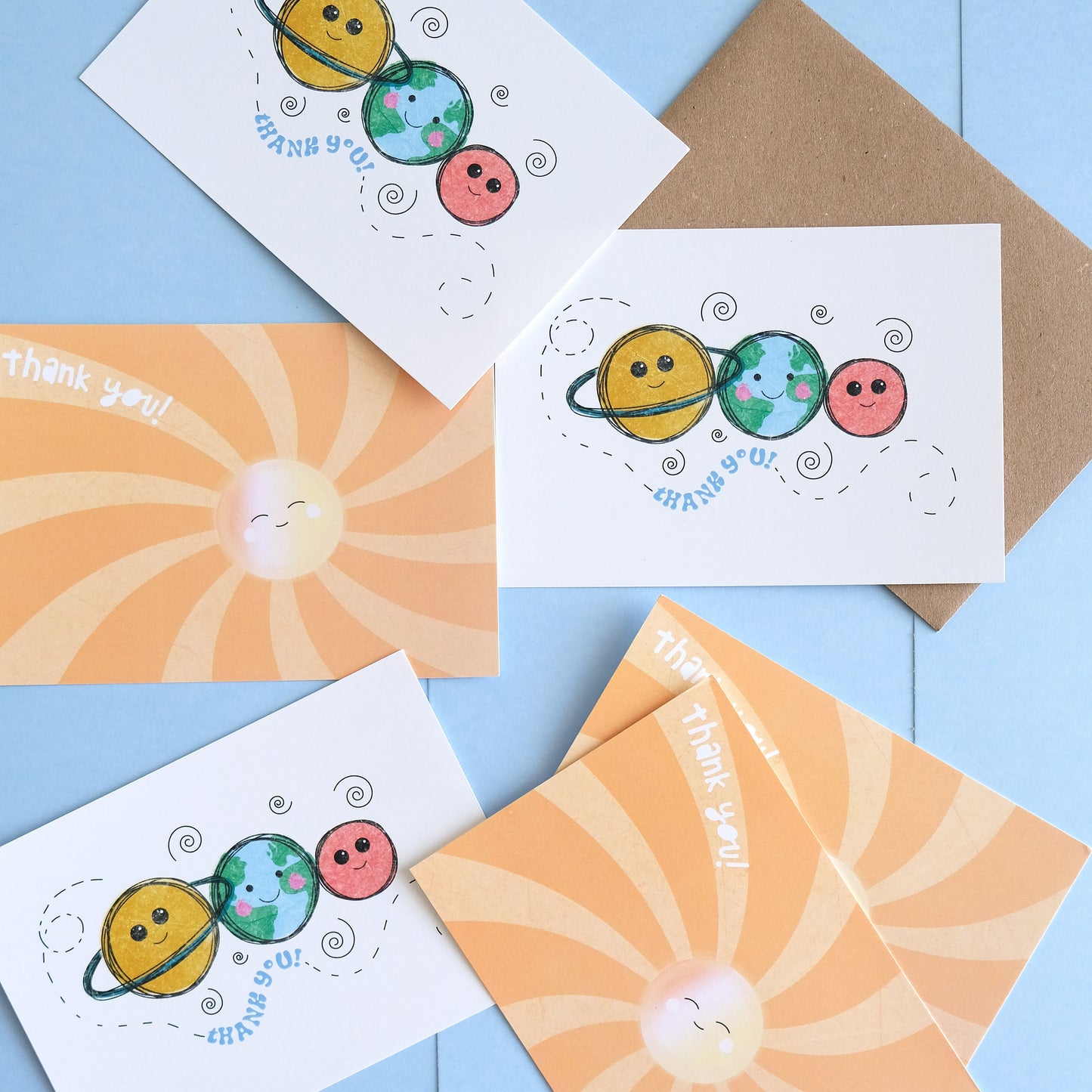 Fill in the gaps, set of 10 Sunshine thank you cards for kids with envelopes